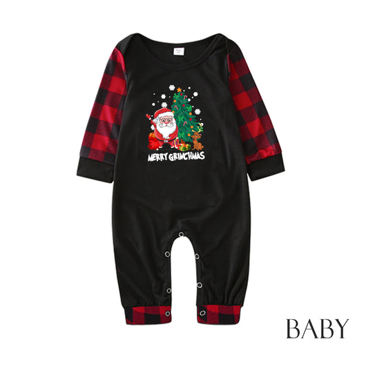Men's Christmas pajama set with a black long-sleeve top featuring Santa, a Christmas tree, and Max, the Grinch's dog, with "Merry Grinchmas" text, paired with r - Image 24
