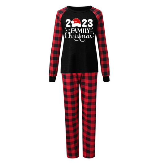 Red and black buffalo plaid Christmas pajama set with a long-sleeve top and matching pants. Top reads "2023 FAMILY Christmas". - Image 18