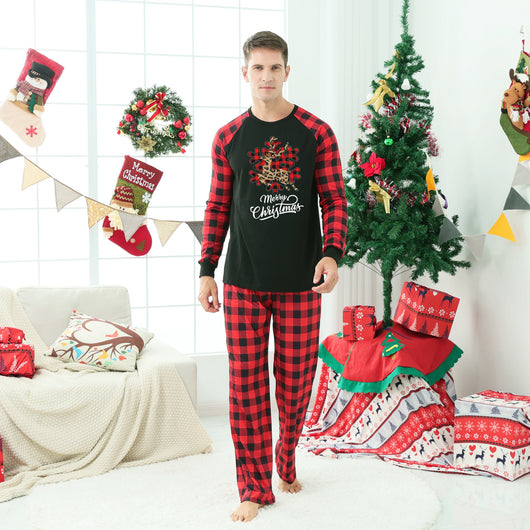 Black and red buffalo plaid Christmas pajama set with a leopard print reindeer snowflake graphic and "Merry Christmas" text. - Image 16