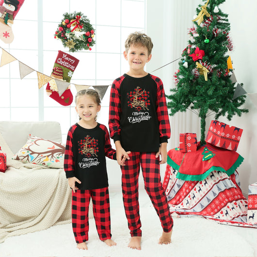Black and red buffalo plaid Christmas pajama set with a leopard print reindeer snowflake graphic and "Merry Christmas" text. - Image 17