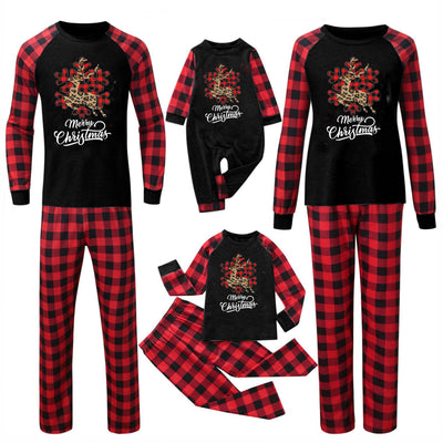 Black and red buffalo plaid Christmas pajama set with a leopard print reindeer snowflake graphic and "Merry Christmas" text. - Image 20
