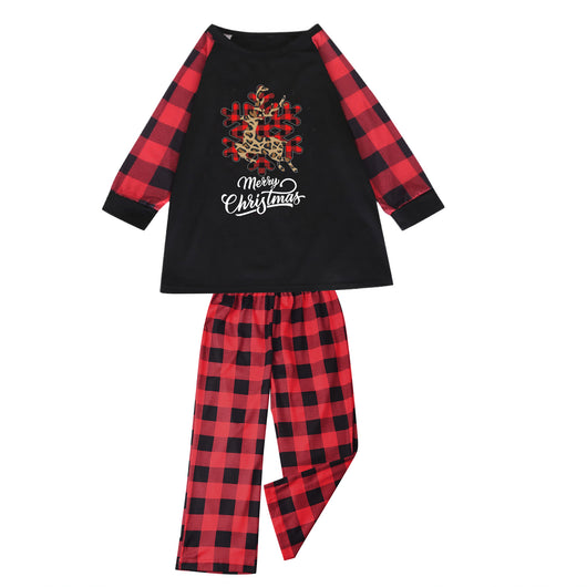 Black and red buffalo plaid Christmas pajama set with a leopard print reindeer snowflake graphic and "Merry Christmas" text. - Image 21
