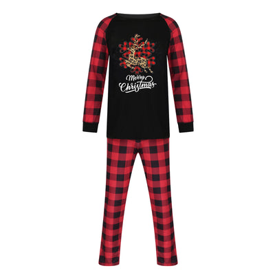 Black and red buffalo plaid Christmas pajama set with a leopard print reindeer snowflake graphic and "Merry Christmas" text. - Image 22