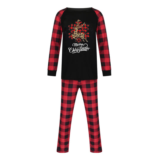 Black and red buffalo plaid Christmas pajama set with a leopard print reindeer snowflake graphic and "Merry Christmas" text. - Image 22