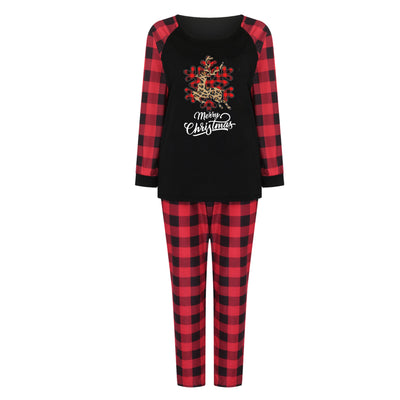 Black and red buffalo plaid Christmas pajama set with a leopard print reindeer snowflake graphic and "Merry Christmas" text. - Image 23