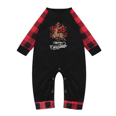 Black and red buffalo plaid Christmas pajama set with a leopard print reindeer snowflake graphic and "Merry Christmas" text. - Image 24