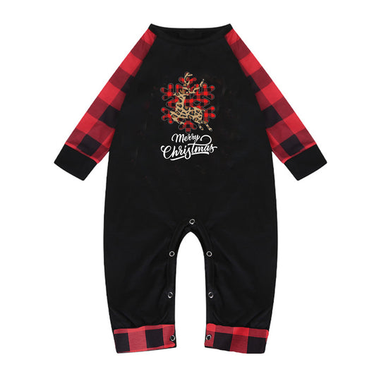 Black and red buffalo plaid Christmas pajama set with a leopard print reindeer snowflake graphic and "Merry Christmas" text. - Image 24