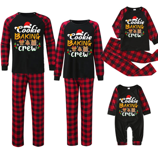 Baby black romper with red plaid sleeves and cuffs, featuring a "Cookie Baking Crew" graphic with Christmas icons. - Image 20