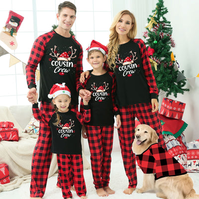 Kids' black and red buffalo plaid Christmas pajamas with 'Cousin Crew' graphic and reindeer antlers. - Image 15