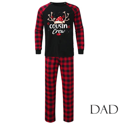 Kids' black and red buffalo plaid Christmas pajamas with 'Cousin Crew' graphic and reindeer antlers. - Image 22