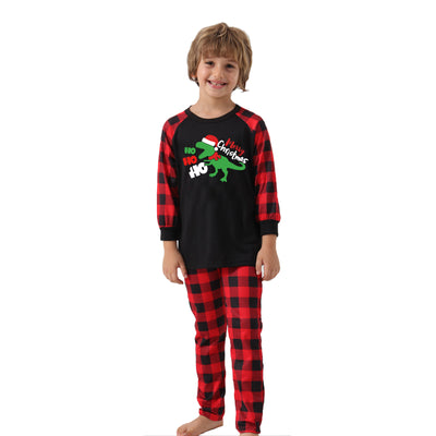 Black baby romper with red plaid sleeves and cuffs, featuring a green dinosaur wearing a Santa hat and "Merry Christmas" text. - Image 27