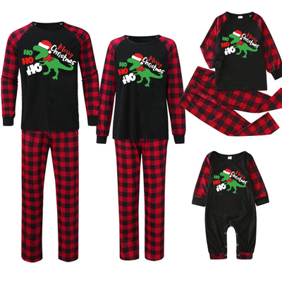 Black baby romper with red plaid sleeves and cuffs, featuring a green dinosaur wearing a Santa hat and "Merry Christmas" text. - Image 33