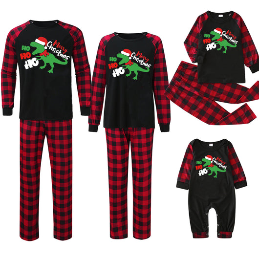 Black baby romper with red plaid sleeves and cuffs, featuring a green dinosaur wearing a Santa hat and "Merry Christmas" text. - Image 33