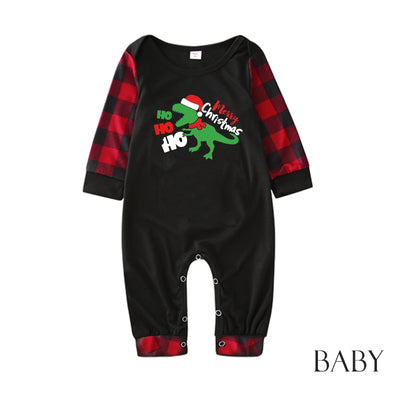 Black baby romper with red plaid sleeves and cuffs, featuring a green dinosaur wearing a Santa hat and "Merry Christmas" text. - Image 37