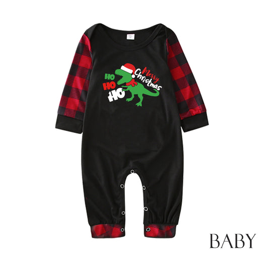 Black baby romper with red plaid sleeves and cuffs, featuring a green dinosaur wearing a Santa hat and "Merry Christmas" text. - Image 37
