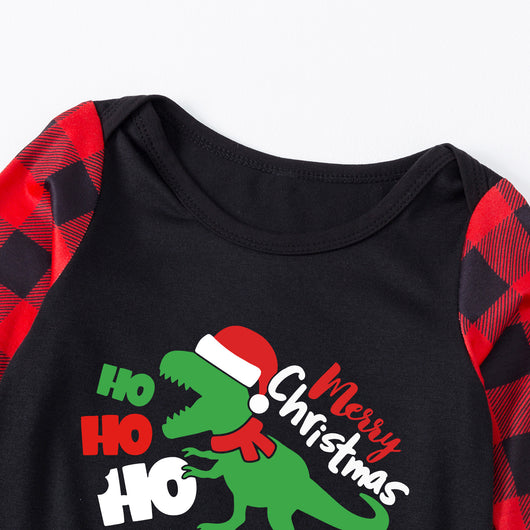 Black baby romper with red plaid sleeves and cuffs, featuring a green dinosaur wearing a Santa hat and "Merry Christmas" text. - Image 38