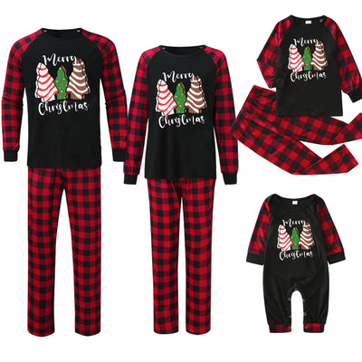 Family matching Christmas pajamas with black tops featuring a wine glass in a Santa hat graphic and red plaid bottoms. - Image 14