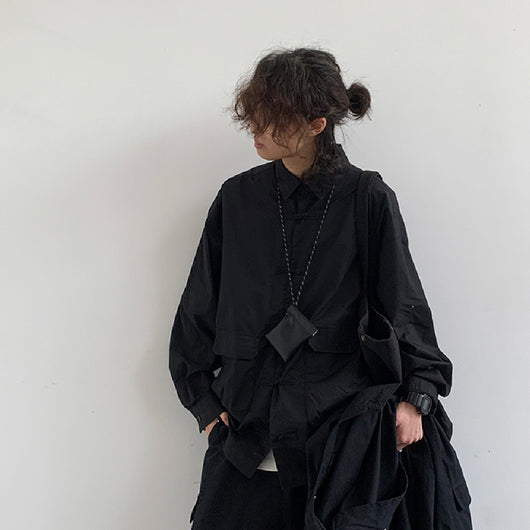 Camisa Negra Retro Asiática Suelta y Minimalista para Otoño - Image 10