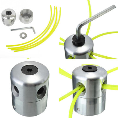 Silver aluminum lawn mower accessory, likely a trimmer head, with multiple holes for grass rope and a central hexagonal screw.