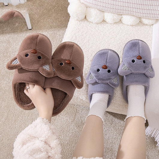 Pair of gray plush bear slippers with checkered ears and brown noses, held up against a soft background. - Image 9