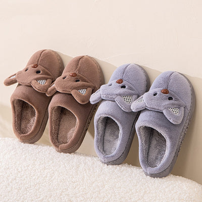 Pair of gray plush bear slippers with checkered ears and brown noses, held up against a soft background. - Image 10