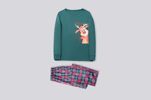 Family of five and a Boston Terrier wearing matching green long-sleeved Christmas pajamas with reindeer graphic and red plaid pants. - Image 7