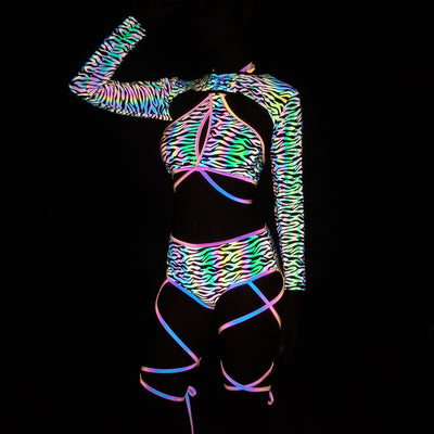 Traje de Baño Reflectante de Tres Piezas con Estampado Colorido para Mujer - Image 7