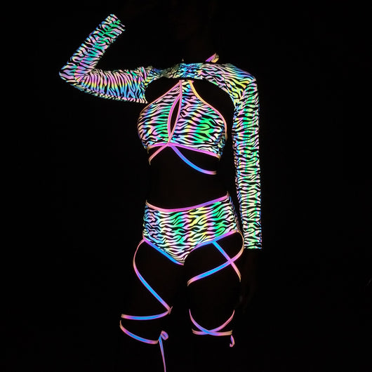 Traje de Baño Reflectante de Tres Piezas con Estampado Colorido para Mujer - Image 7