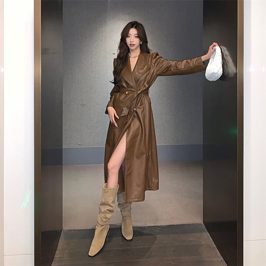 Abrigo Trench de Cuero Elegante para Mujer con Cintura Ajustable y Cordones - Image 9