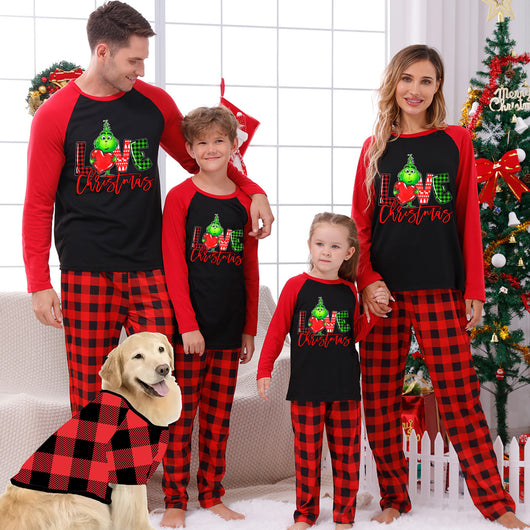 Kids' Christmas pajama set with black and red raglan top featuring a 'LOVE Christmas' graphic and plaid pants. - Image 12