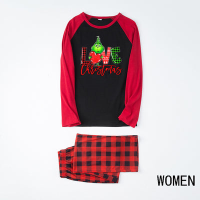 Kids' Christmas pajama set with black and red raglan top featuring a 'LOVE Christmas' graphic and plaid pants. - Image 14