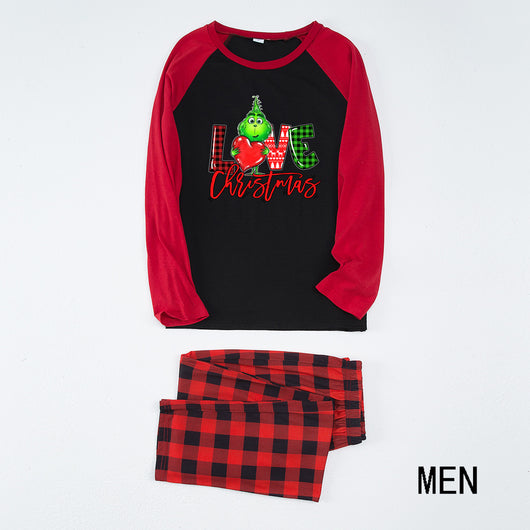Kids' Christmas pajama set with black and red raglan top featuring a 'LOVE Christmas' graphic and plaid pants. - Image 15