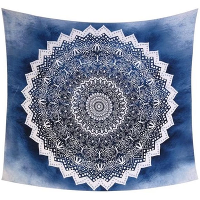 Cool blue mandala tapestry with intricate white patterns, perfect for wall hanging in a dorm room or living space. - Image 3