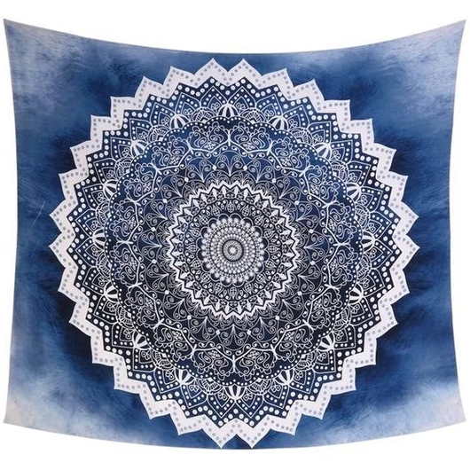 Cool blue mandala tapestry with intricate white patterns, perfect for wall hanging in a dorm room or living space. - Image 3