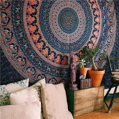 Black and white Indian Mandala tapestry wall hanging with intricate bohemian patterns, displayed in a bedroom. - Image 27