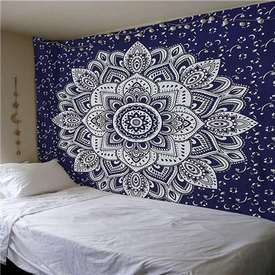 Black and white Indian Mandala tapestry wall hanging with intricate bohemian patterns, displayed in a bedroom. - Image 33