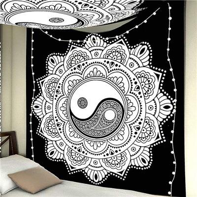 Black and white Indian Mandala tapestry wall hanging with intricate bohemian patterns, displayed in a bedroom. - Image 39