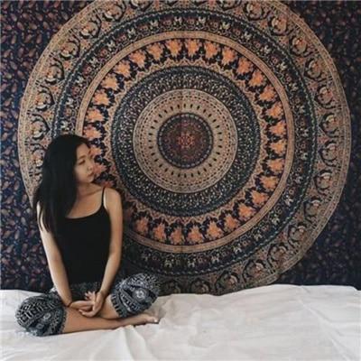 Black and white Indian Mandala tapestry wall hanging with intricate bohemian patterns, displayed in a bedroom. - Image 44