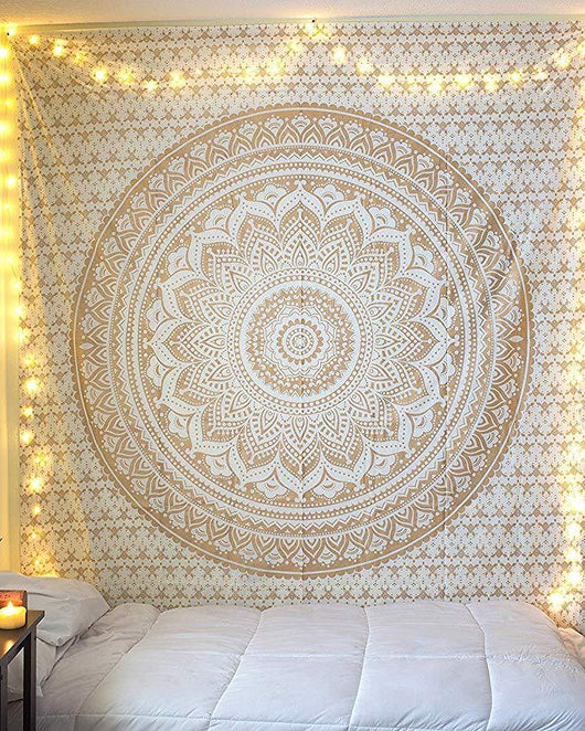 Black and white Indian Mandala tapestry wall hanging with intricate bohemian patterns, displayed in a bedroom. - Image 48