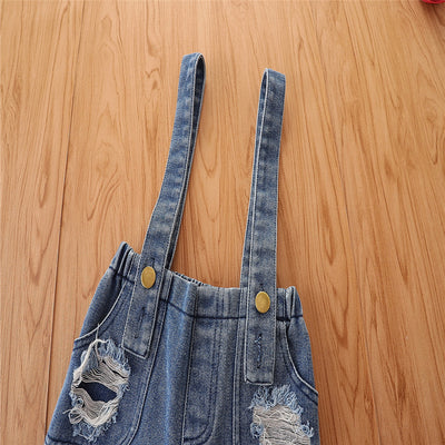 Conjunto Infantil Niña: Top con Mangas de Malla y Pantalón Denim con Tirantes - Image 16