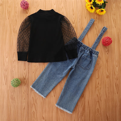 Conjunto Infantil Niña: Top con Mangas de Malla y Pantalón Denim con Tirantes - Image 18