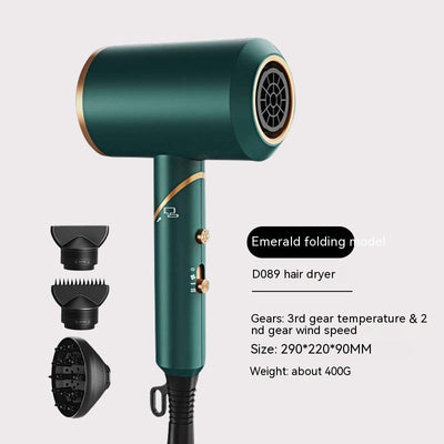 Emerald green folding hair dryer with gold accents, shown with a concentrator, comb, and diffuser nozzle attachments. - Image 19