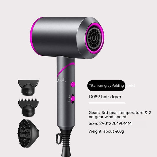 Emerald green folding hair dryer with gold accents, shown with a concentrator, comb, and diffuser nozzle attachments. - Image 22