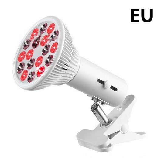 White LED physiotherapy lamp with red and infrared lights, featuring an adjustable head and a sturdy clip-on base for EU use. - Image 7