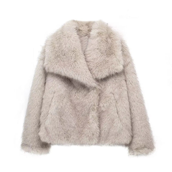 Cardigan Largo de Felpa Sintética con Solapa y Botones de Presión para Mujer
