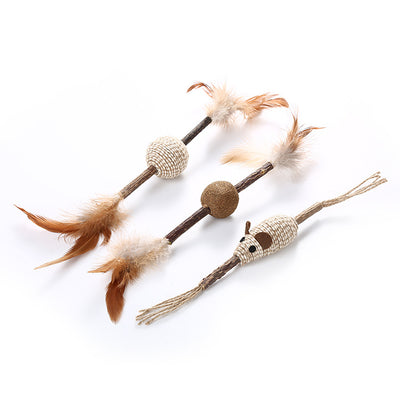 Natural catnip stick toy with a green catnip ball in the center and fluffy brown and white feathers on both ends. - Image 13