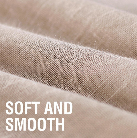 Light beige linen-look tab top curtains hanging on a dark rod, with a fabric swatch and color options. - Image 9