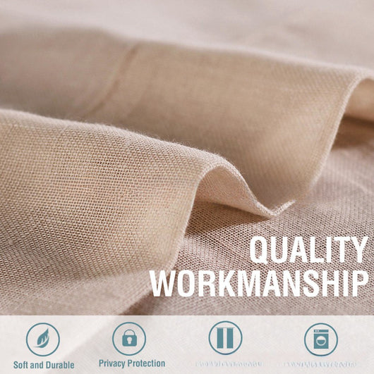 Light beige linen-look tab top curtains hanging on a dark rod, with a fabric swatch and color options. - Image 13