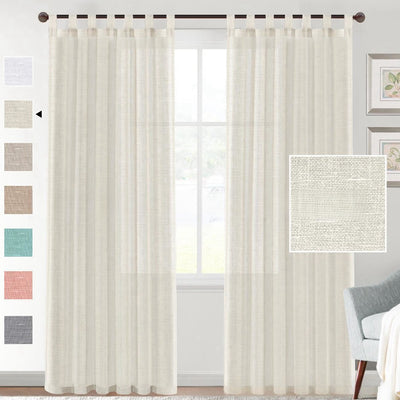 Light beige linen-look tab top curtains hanging on a dark rod, with a fabric swatch and color options. - Image 14