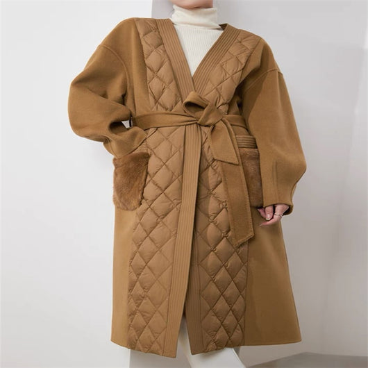 Abrigo de Plumón de Ganso Blanco con Cashmere para Mujer - Largo Medio - Image 14